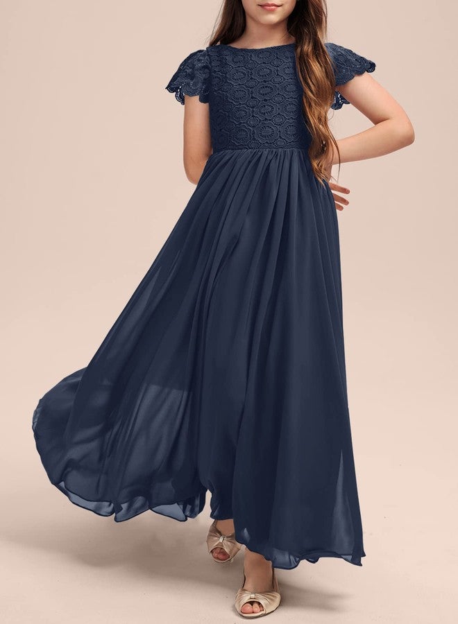 HOSIKA Girls Vintage Floral Lace Flutter Sleeve A-Line Swing Easter Birthday Party Dance Prom Dress for 12-13 Years Navy Blue - Image 2